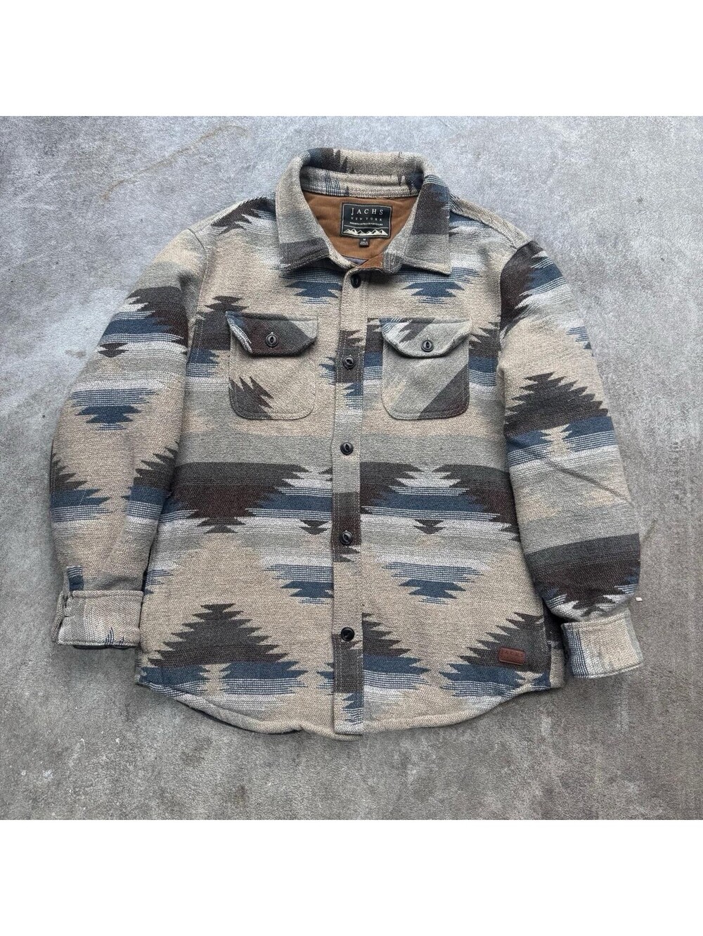 NO FLAWS Jach's Men's Blue and Beige Aztec Button UP Shacket Fleece Lined Size M